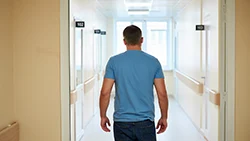 Мужчина идет прямо по коридору наркологической больницы